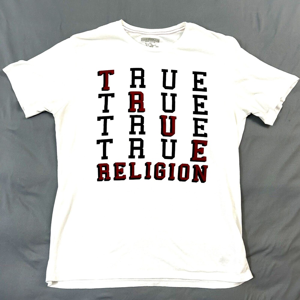 True Religion T-Shirt Men's White Large Cotton Graphic Print Short Sleeve Stack - Picture 1 of 11